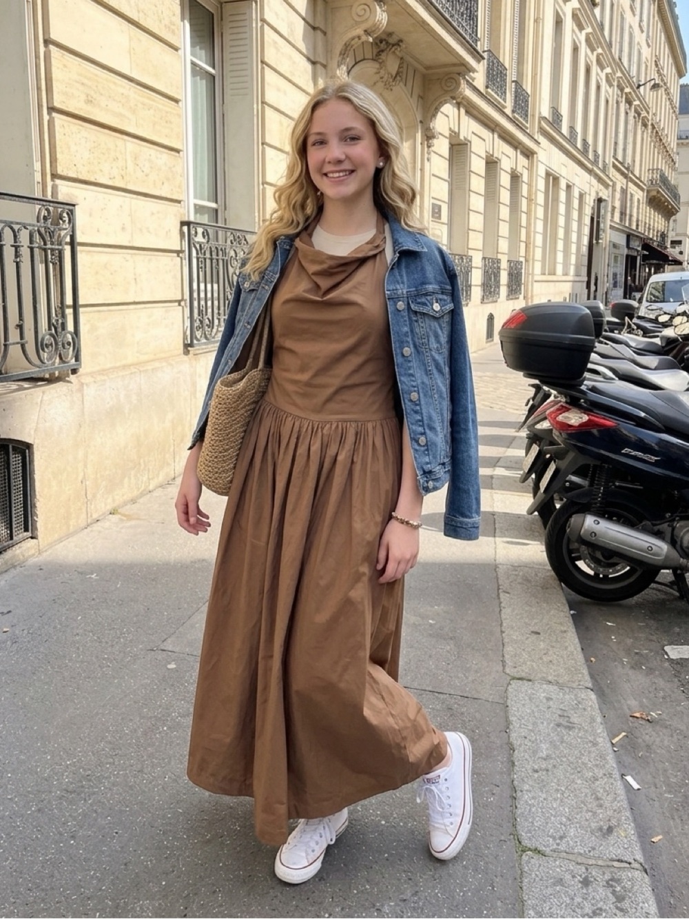 Women’s light brown Maxi Dress with Gathered Waist